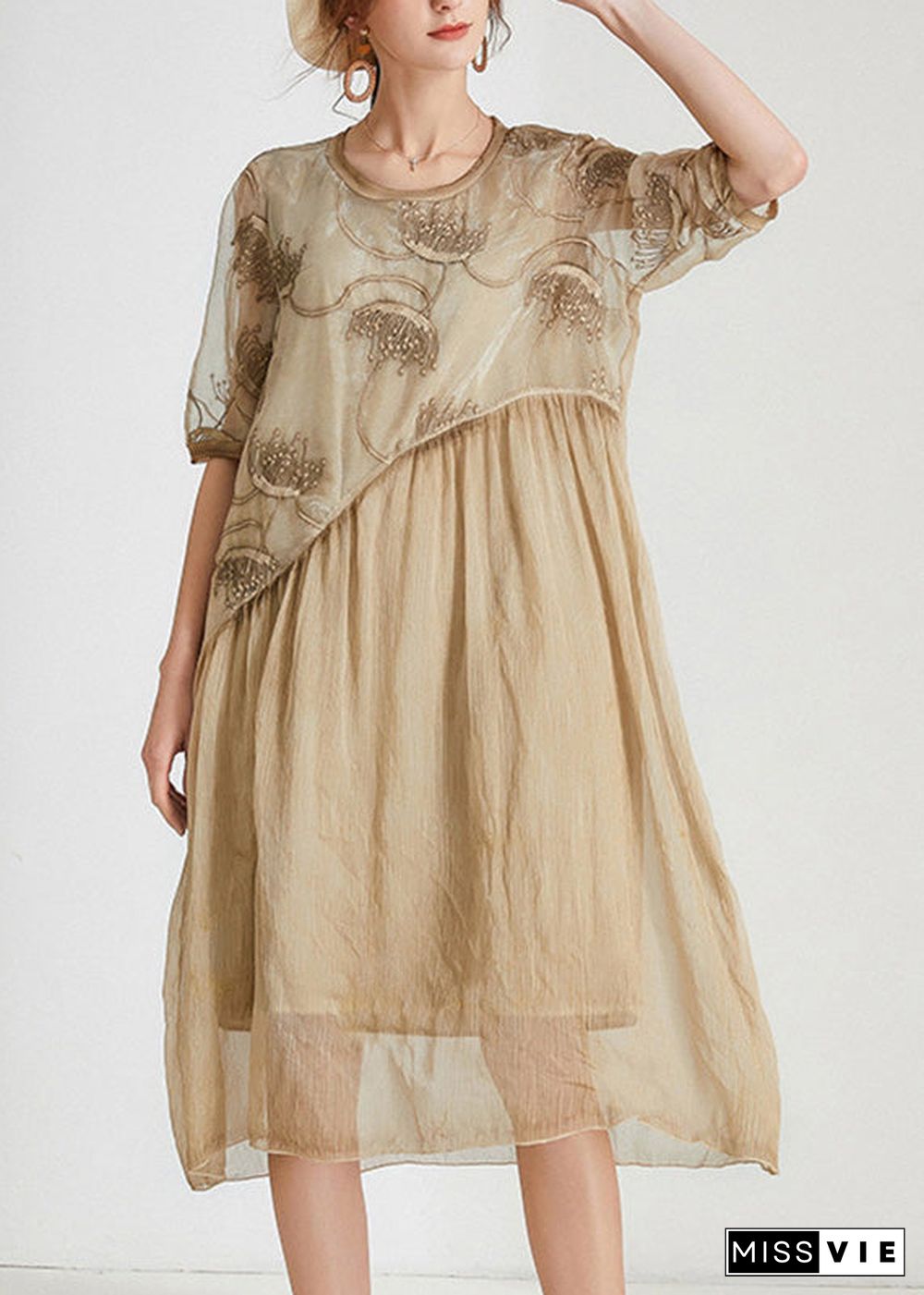 Unique Khaki O-Neck Cozy Chiffon Maxi Dress Short Sleeve