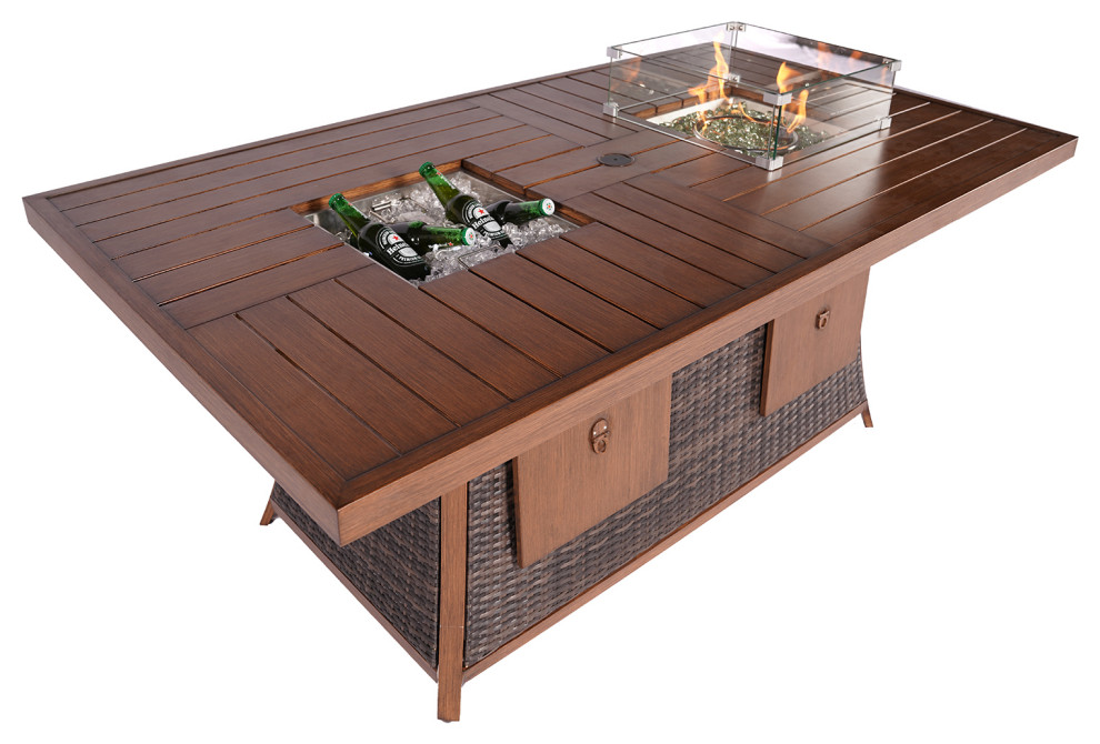 Brown Wicker Outdoor Gas Fire Pit Table With Ice Bucket   Tropical   Outdoor Dining Tables   by HomeRoots  Houzz