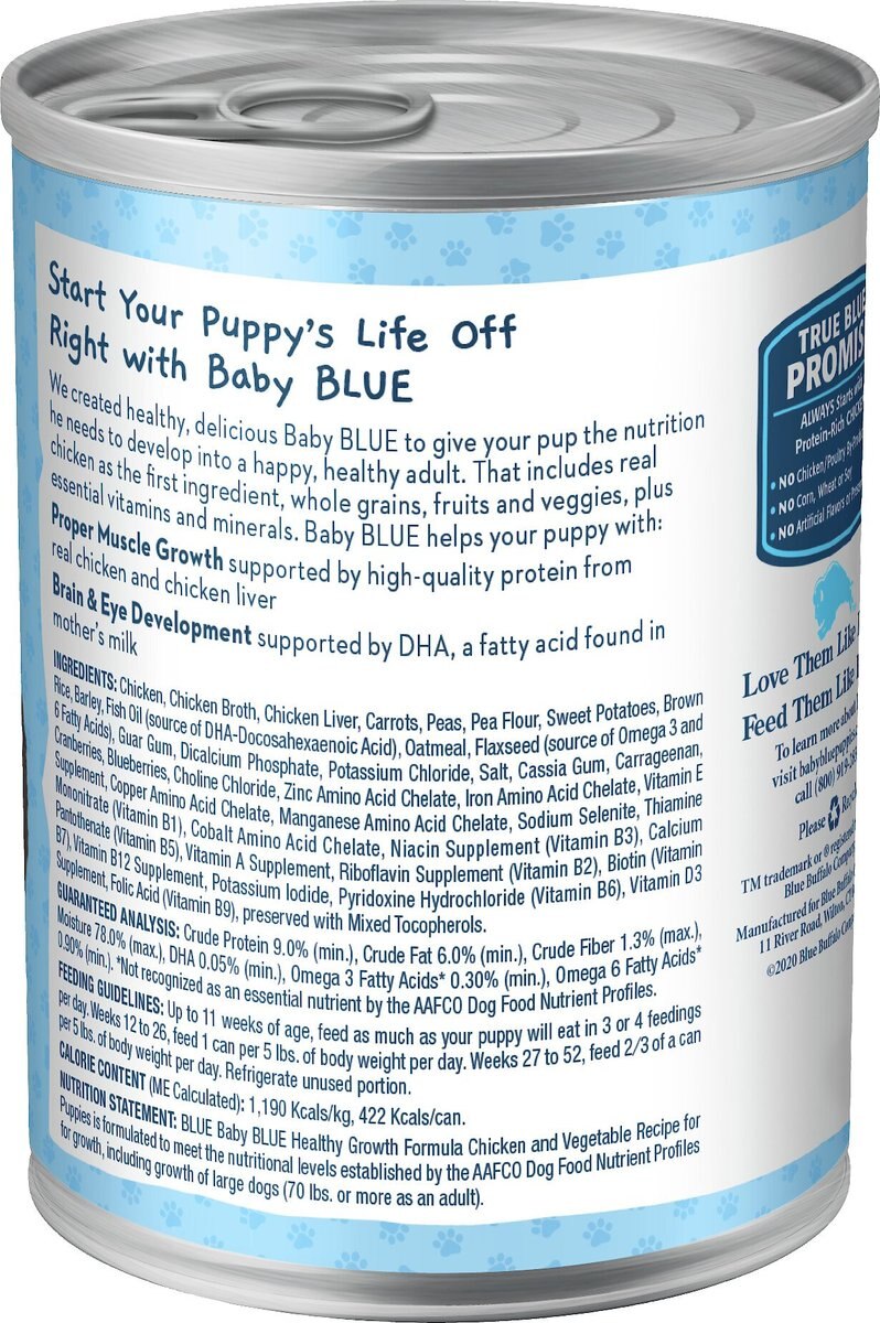 Blue Buffalo Baby Blue Healthy Growth Formula Natural Chicken and Vegetable Recipe Puppy Wet Food， 12.5-oz cans， case of 12