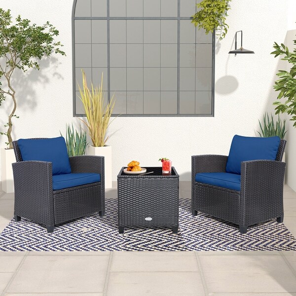 Costway 3PCS Patio Wicker Furniture Set with Beige and Navy Cushion