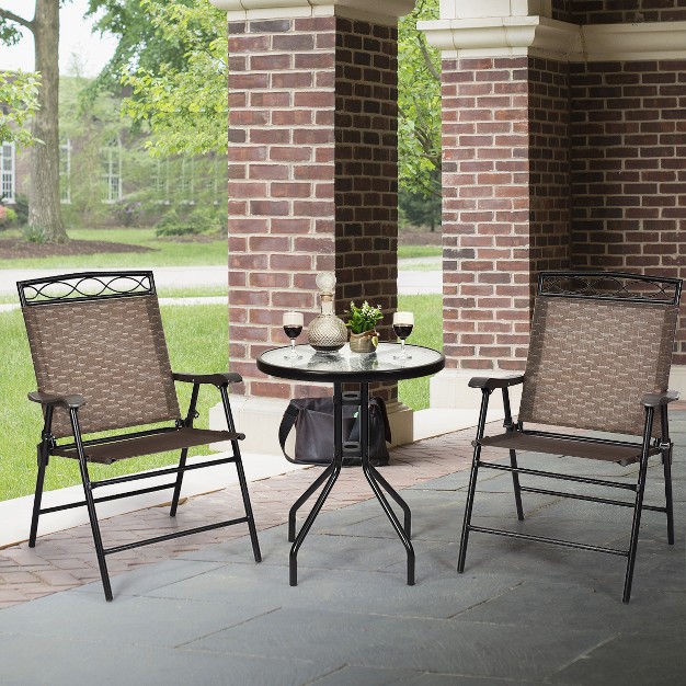 Costway 3 Pcs Bistro Conversation Patio Pub Dining Set W 2 Folding Chairs amp Glass Table