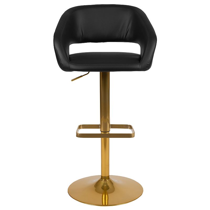 Emma and Oliver 2PK Black Vinyl Adjustable Height Barstool with Rounded Mid-Back and Gold Base