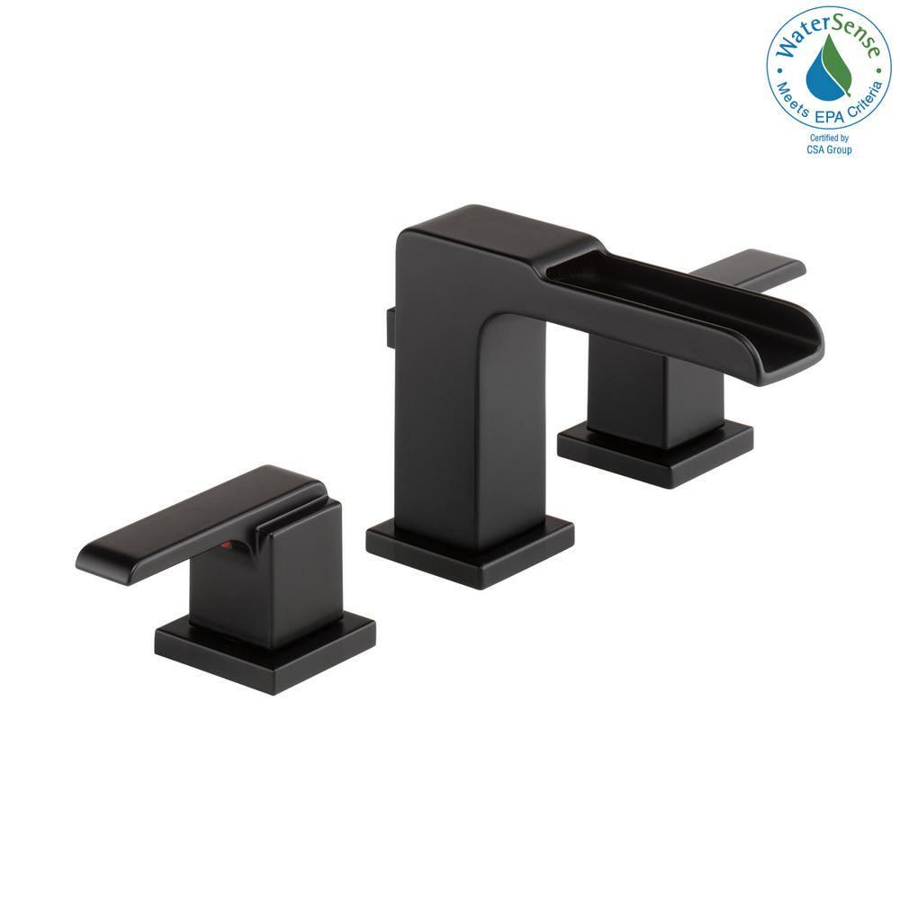 Delta Ara 8 in Widespread 2Handle Bathroom Faucet with Channel Spout and Metal PopUp in Matte Black