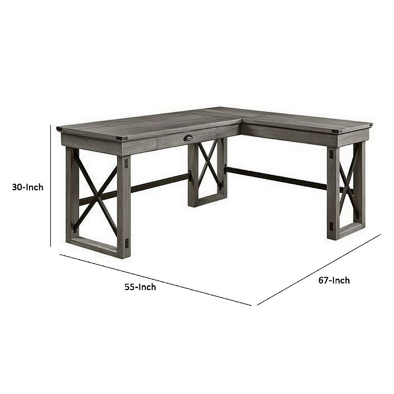 L Shaped Writing Desk with Lift Top and Sled Base， Oak Gray