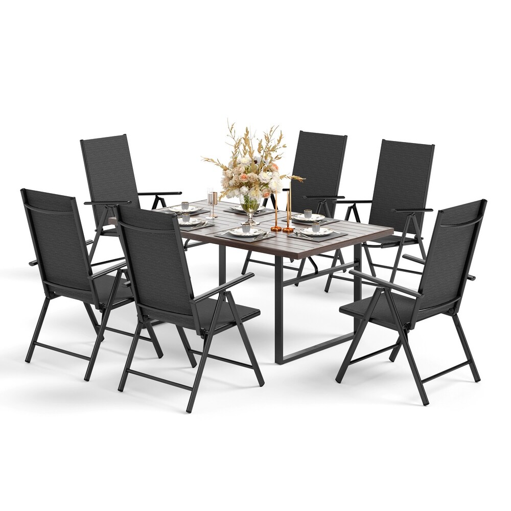 7 Piece Patio Dining Sets Matte Wood grain Table   Textilene Foldable Chairs