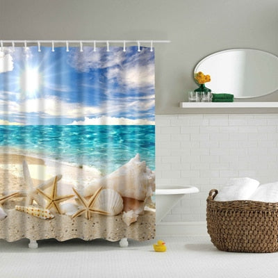 New Colorful Eco-friendly Beach Conch Starfish Shell Polyester  High Quality Washable Bath Decor Shower Curtains