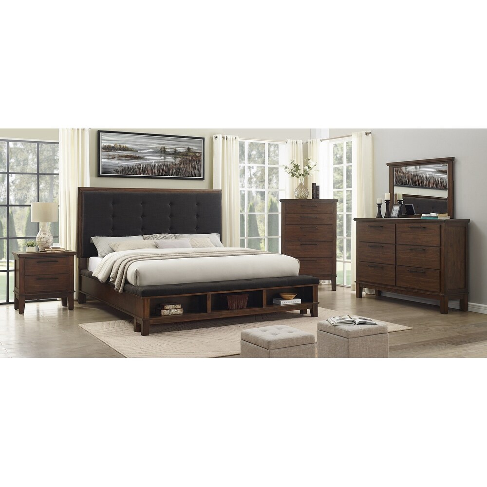 Emma 3 Piece Brown Modern Fabric Upholstered Tufted Shelves Panel Bedroom Set