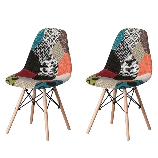 Modern Fabric Patchwork Chair with Wooden Legs for Kitchen, Dining Room, Entryway, Living Room