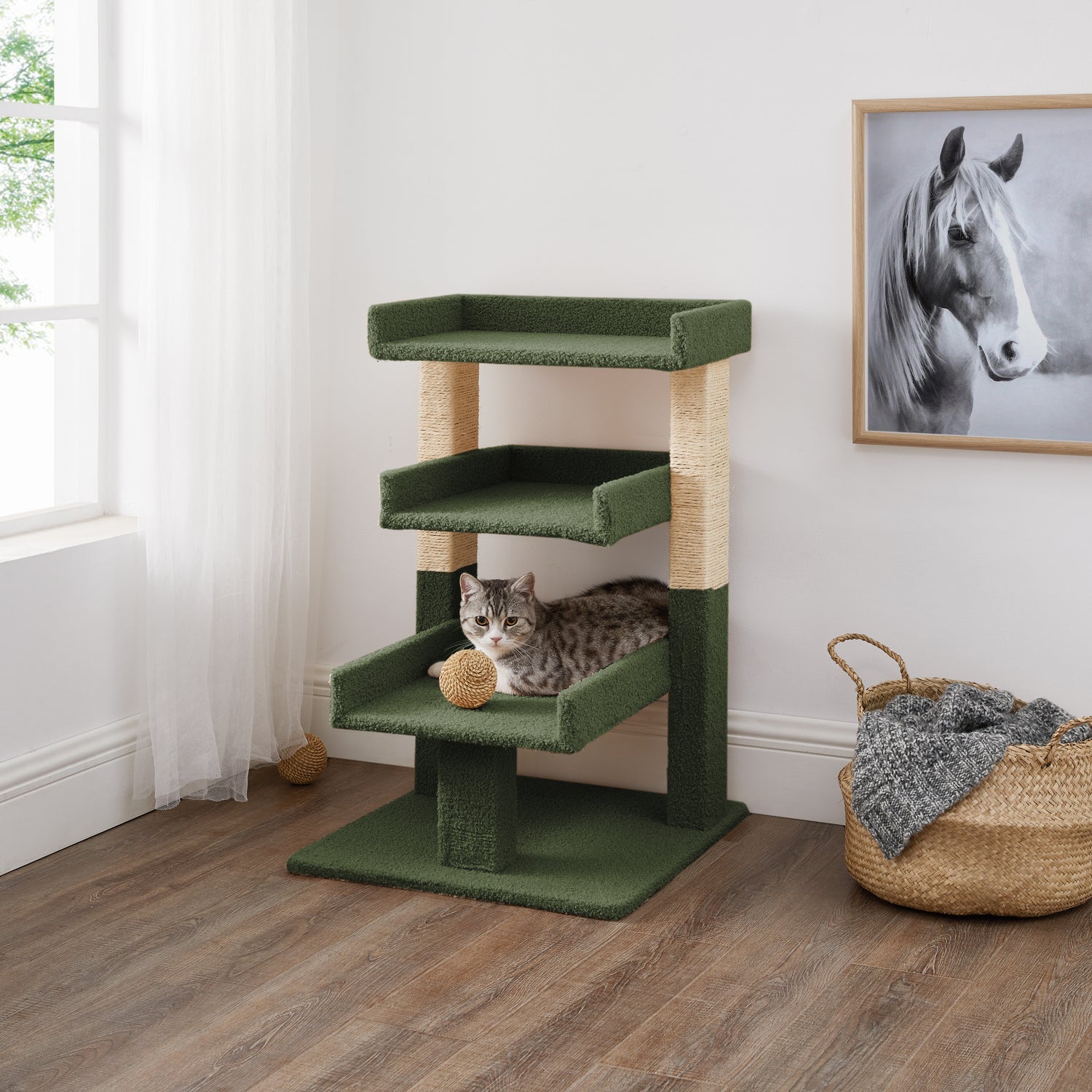 Naomi Home Cat Tree for Indoor Cats, Multi-level Cat Furniture with Condo Kitten Tower Kitty Stand Play House-Color: Green