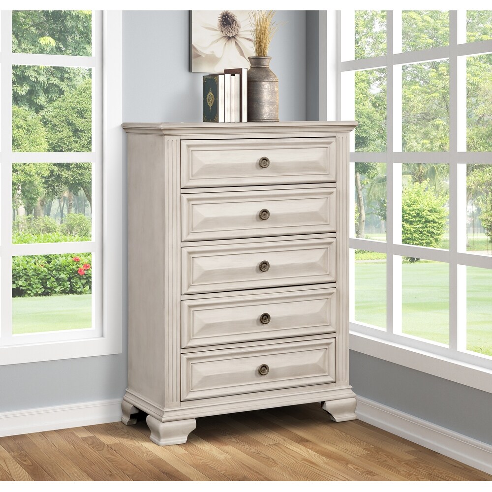 Roundhill Furniture Renova Distressed Parchment Wood Bedroom Set with Panel Bed  Dresser  Mirror  Nightstand  Chest