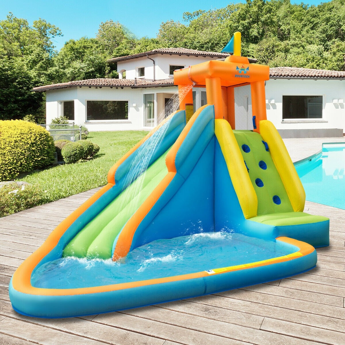 Inflatable Water Slide, Bouncer Pool w/Long Slide (with 740W Air Blower)