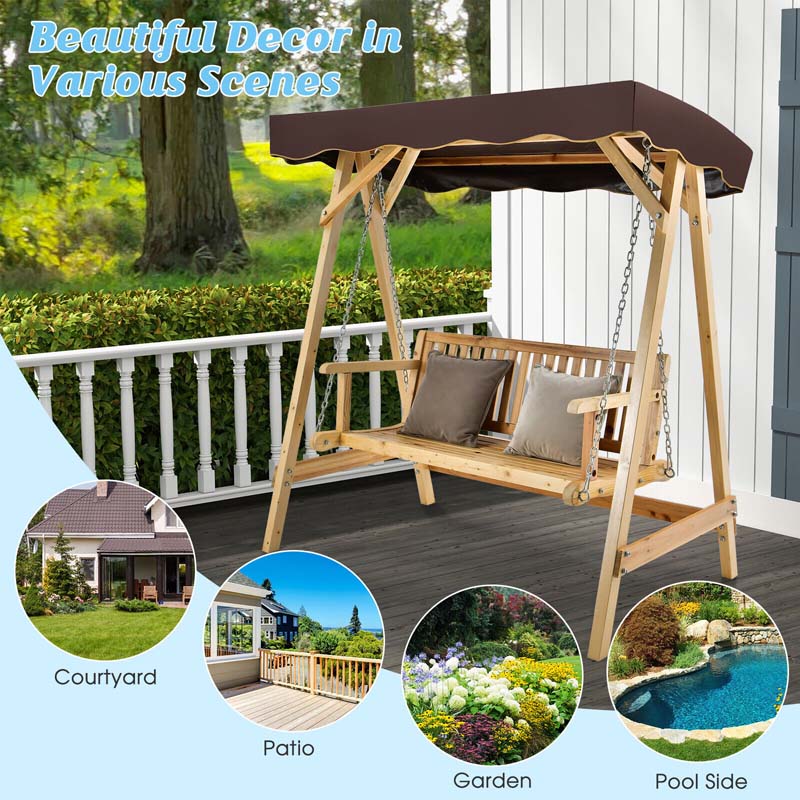 2-Person Wooden Porch Swing Bench Chair, A-Frame Outdoor Patio Swing with Adjustable Canopy