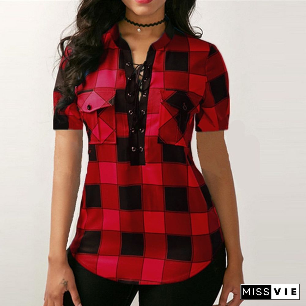 Summer Women's Fashion Sexy V-neck Lace Up Plaid Blouse Tops Irregular Short Sleeve Shirt