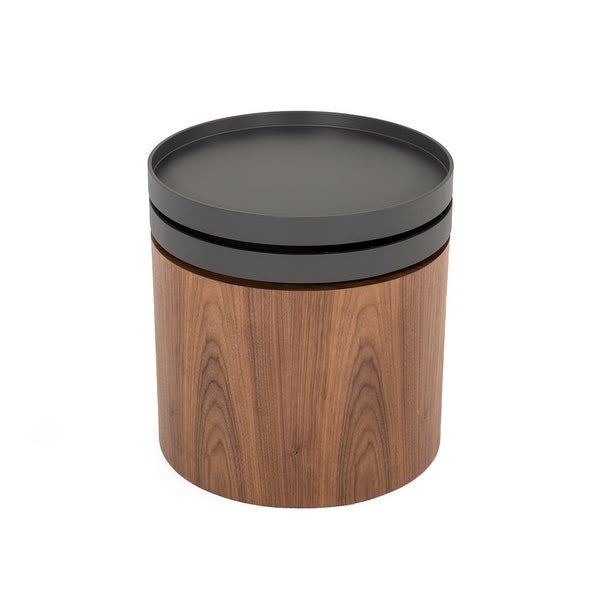 Cylindrical Wooden End Table with Swivel Tray Top， Brown and Black