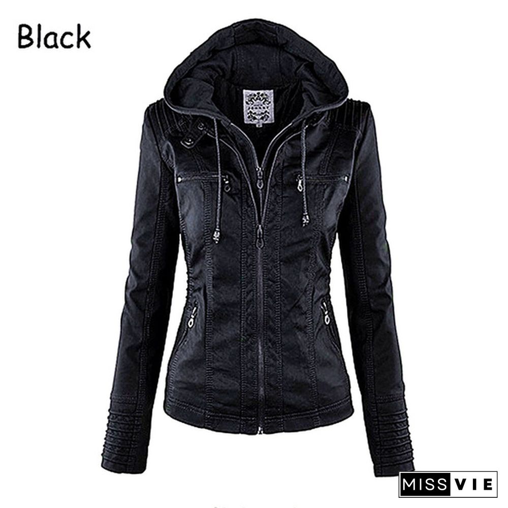 New Arrival Plus Size Women Fashion Autumn Winter Coat Jacket Long Sleeve Zipper New Women's Stylish Slim Removable Hooded Leather Jackets Coat Ladies Tops Motorcycle Coat Outerwear