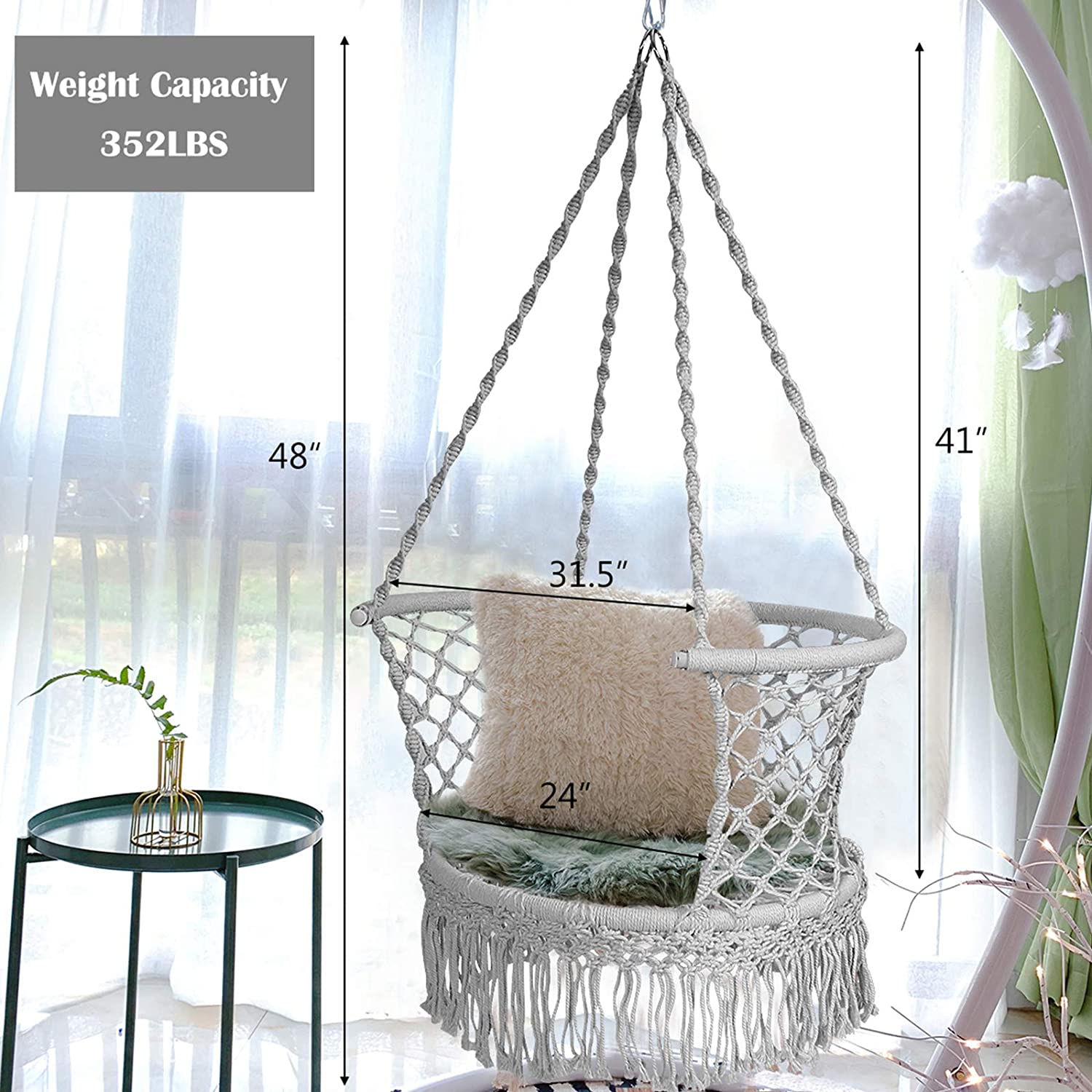 Hanging Hammock Chair, Macrame Hanging Chair 330 Pounds Capacity