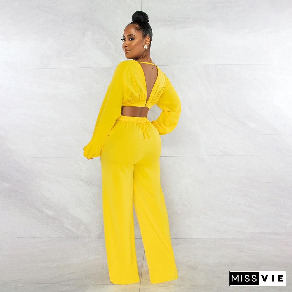 Deep V Neck Crop Top Wide Leg Pants Two Piece Set