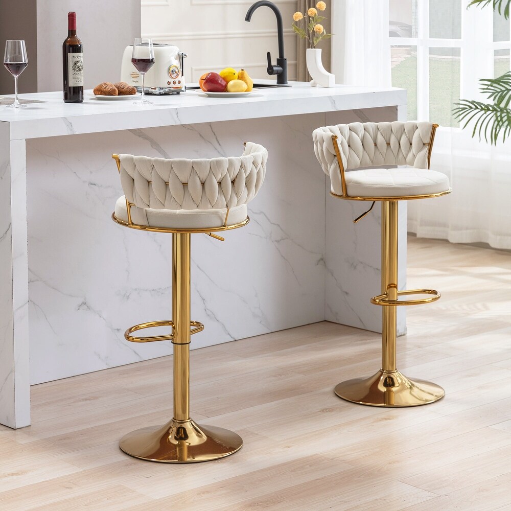 Javlergo Velvet Bar Stools Set of 2  360° Swivel Adjustable Height Barstool with Woven Back   Footrest