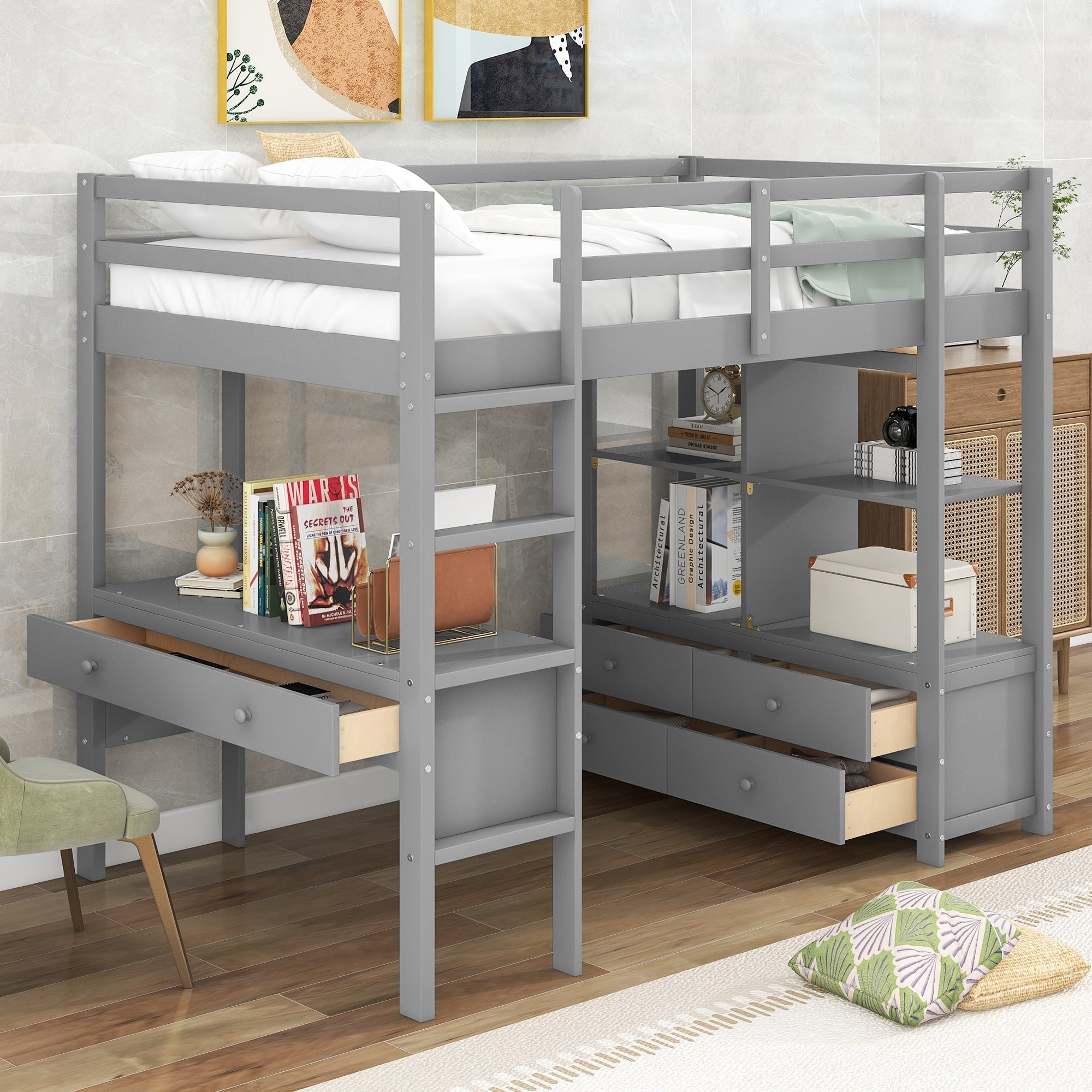 Twin Size Wood Loft Bed with Desk, Drawers and Shelf for Kids Room, Gray