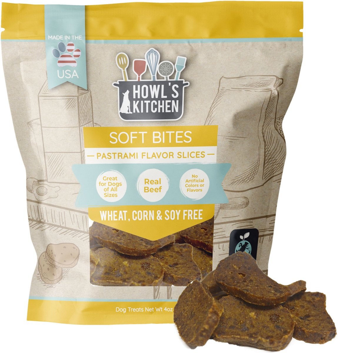 Howl's Kitchen Pastrami Dog Soft Chew Treat， 4-oz bag