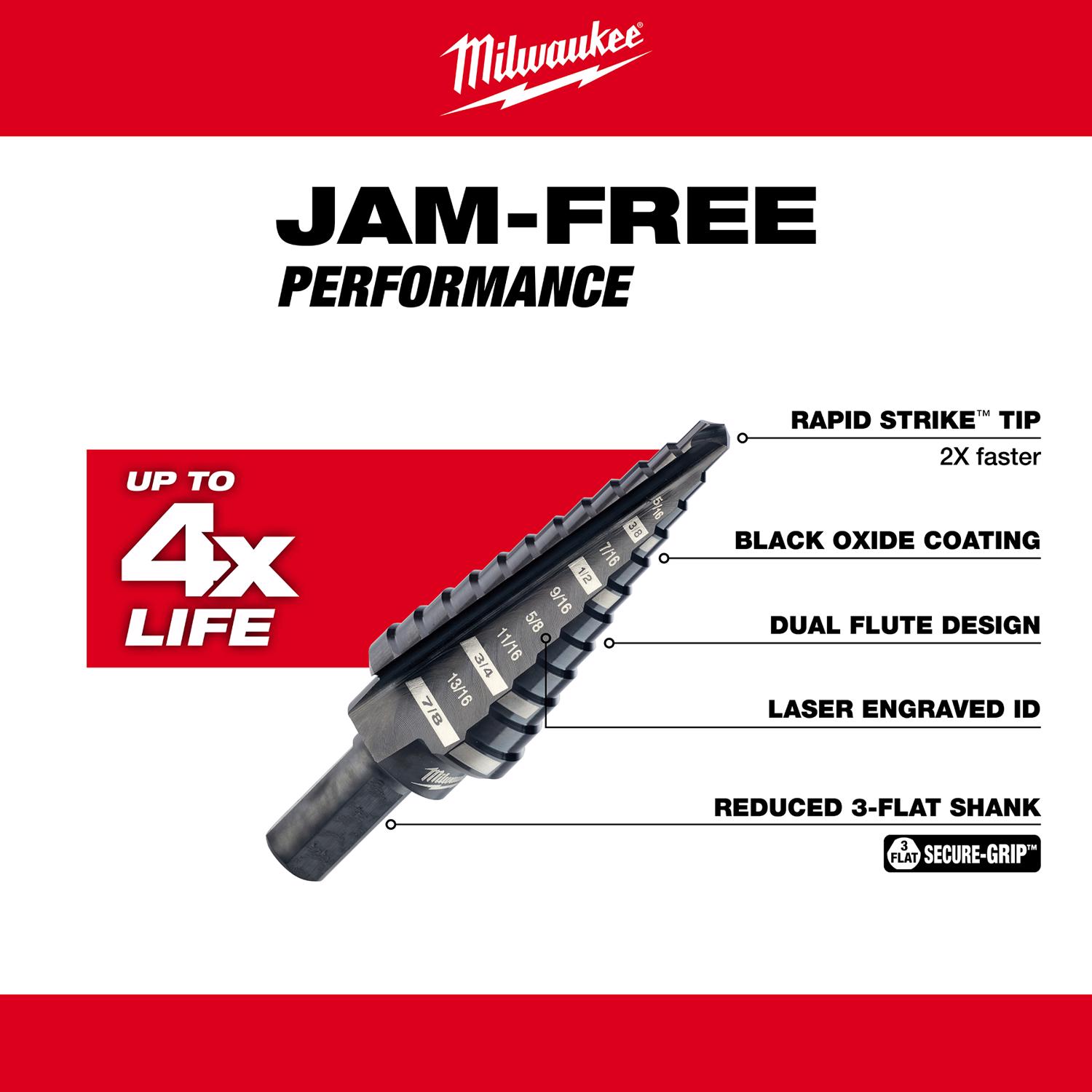 MW Jam-Free 3/16 - 7/8 in. X 6 in. L Metal Step Drill Bit 1 pc