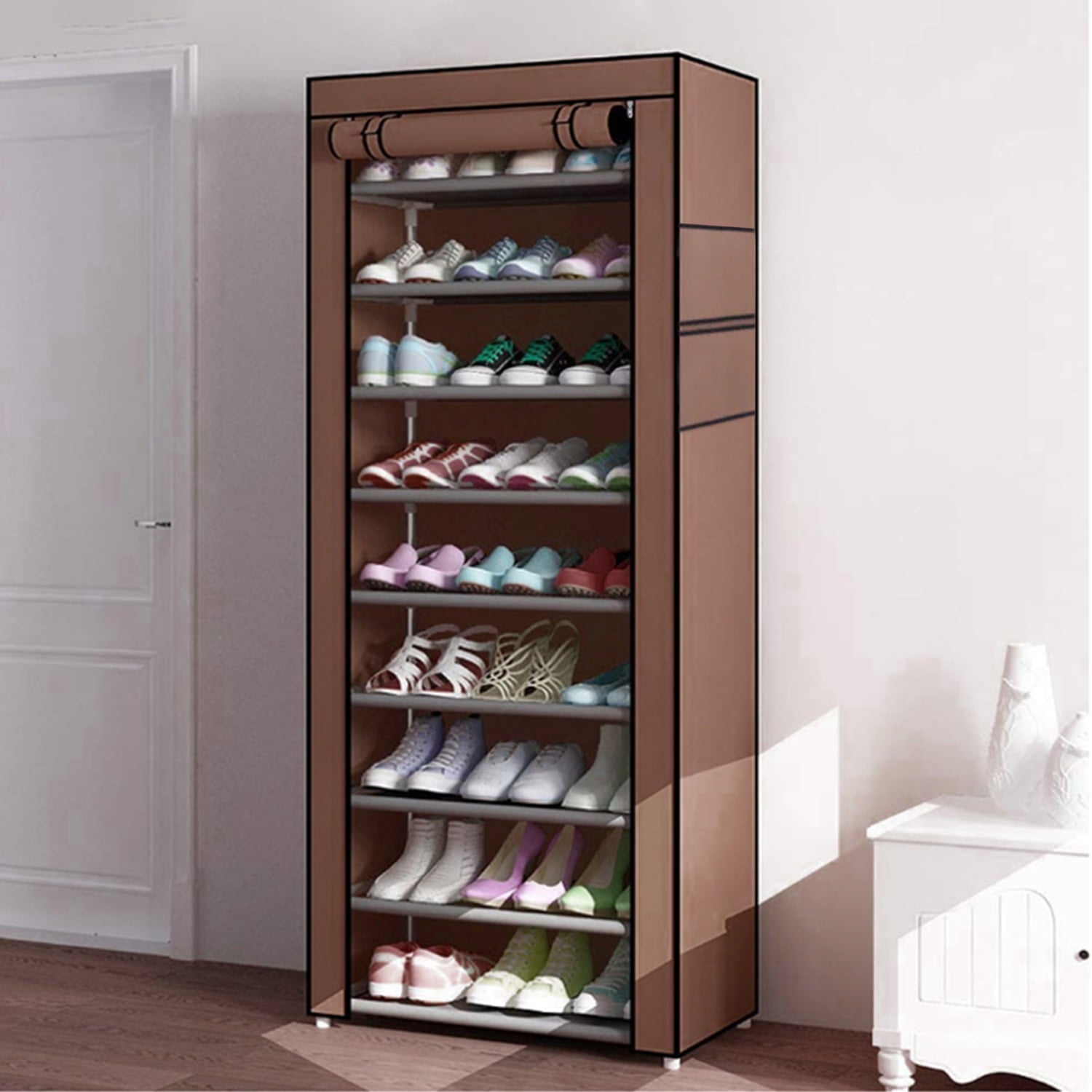 Vebreda 10 Tier Shoe Rack， Shoe Storage Cabinet with Dustproof Cover， Free Standing Shoe Storage Organizer for Closet， Entryway