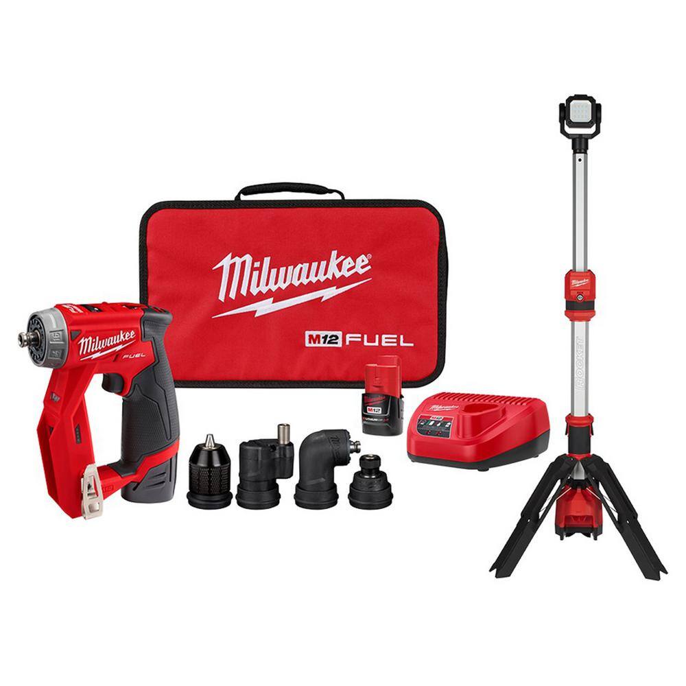 MW M12 FUEL 12V Lithium-Ion Brushless Cordless 4-in-1 Installation 38 in. Drill Driver Kit WM12 Rocket Stand Light 2505-22-2132-20