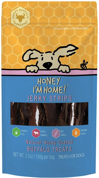 Honey I'm Home! Jerk Strips Natural Honey Coated Buffalo Grain-Free Dog Treats， 3.5-oz bag