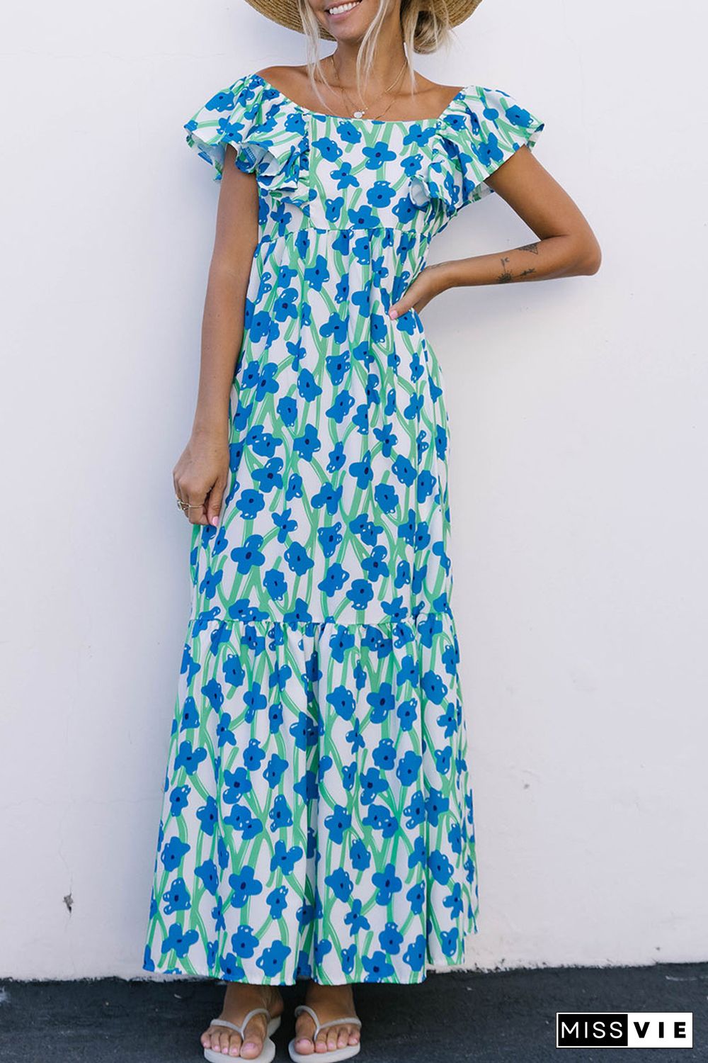 Sky Blue Boho Floral Print Maxi Dress