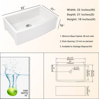 LORDEAR White Fireclay 33 in. Single Bowl Farmhouse Apron Front Kitchen Sink with Bottom Grids HAW3321R1