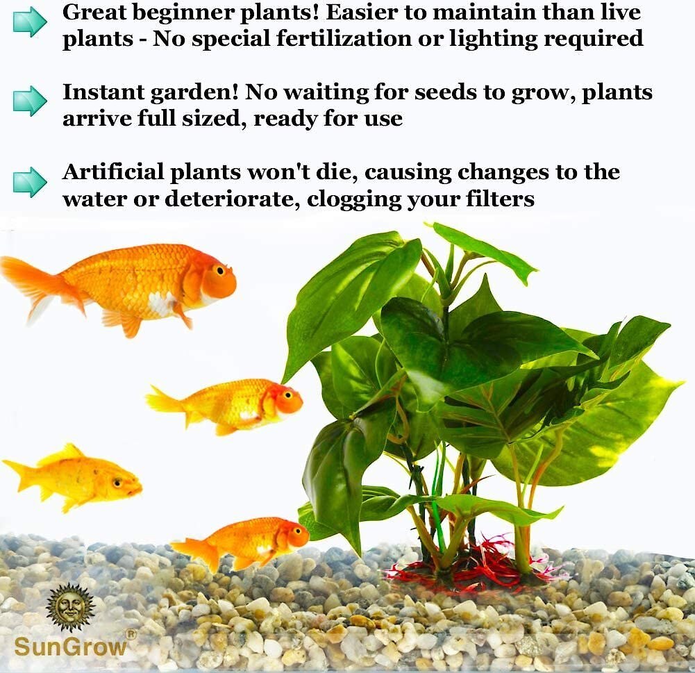 SunGrow Tall and Large Artificial Plastic Leaf Plants for Fish Aquarium Decoration and Reptile Hideout