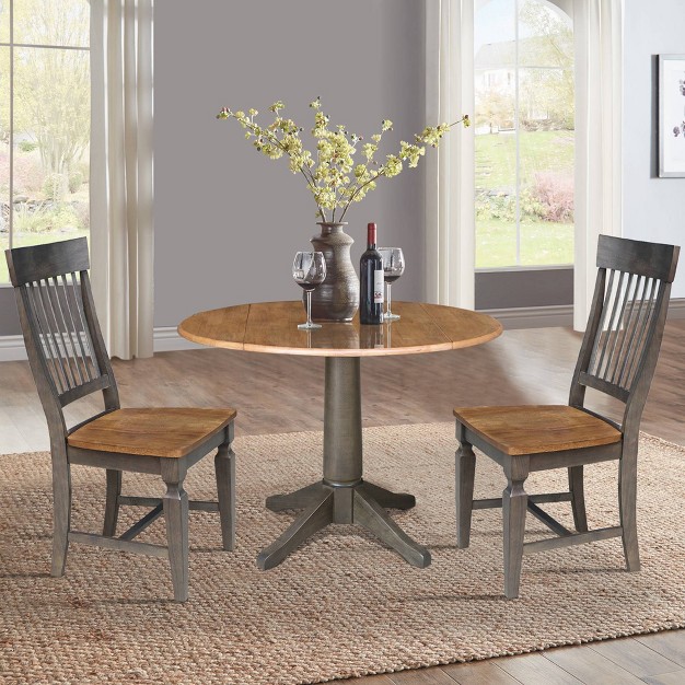 Round Dual Drop Leaf Dining Table With 2 Slat Back Chairs Hickory washed Coal International Concepts