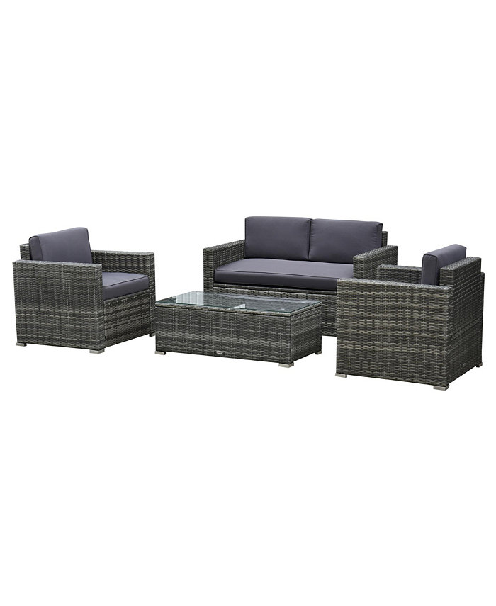 Outsunny 4-Piece Rattan Wicker Furniture Set Outdoor Cushioned Conversation Furniture with 2 Chairs Loveseat and Glass Coffee Table Grey