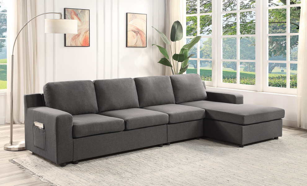 Waylon Gray Linen 4 Seater Sectional Sofa Chaise with Pocket   Transitional   Sectional Sofas   by Lilola Home  Houzz