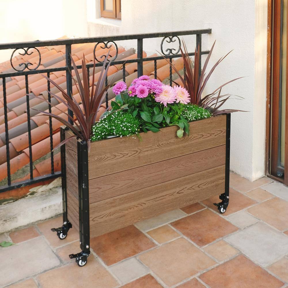 EverBloom 12 in. D x 24 in. Hx 36 in. W Brown and Black Composite Board and Steel Mobile Deep Trough Planter Box Raised Garden Bed K2112