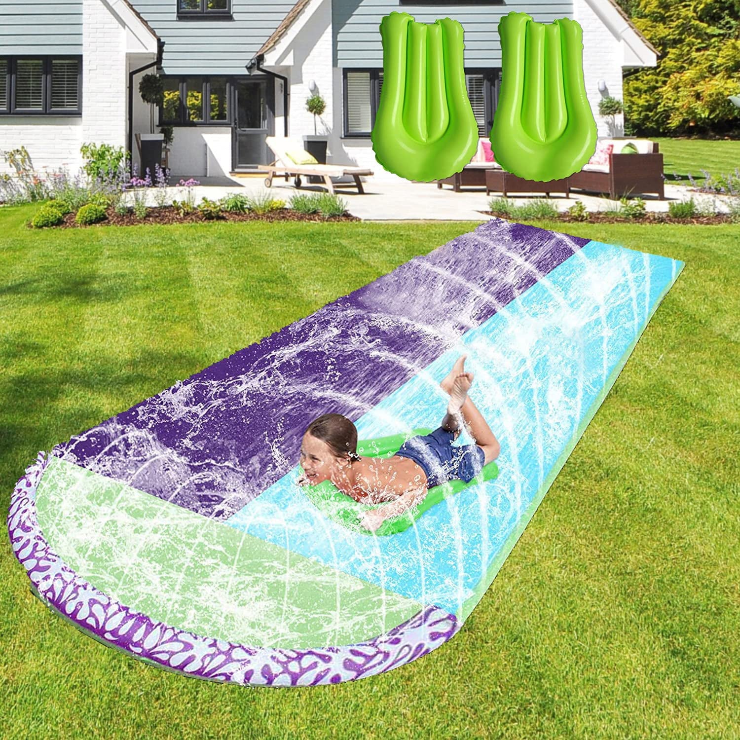 Lawn Water Slip and Slides for Kids Adults - Garden Backyard Giant Racing Lanes and Splash Pool, Outdoor 15.7FT Water Slides with Crash Pad Outdoor Water Toys