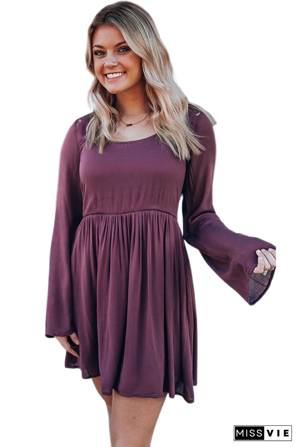 Purple Buttoned Sheer Lace Back Long Sleeve Dress