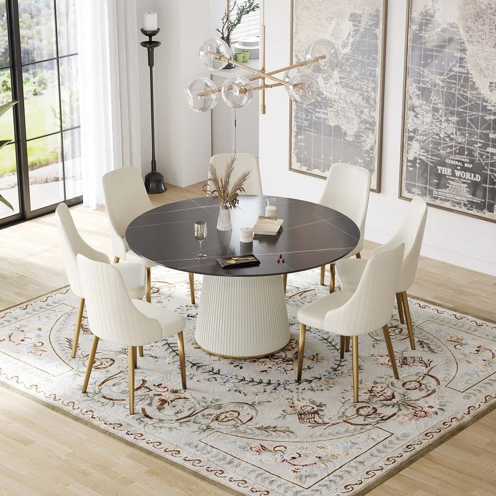 59'' Modern Round Dining Table for 8  Black Sintered Stone Tabletop with Lazy Susan