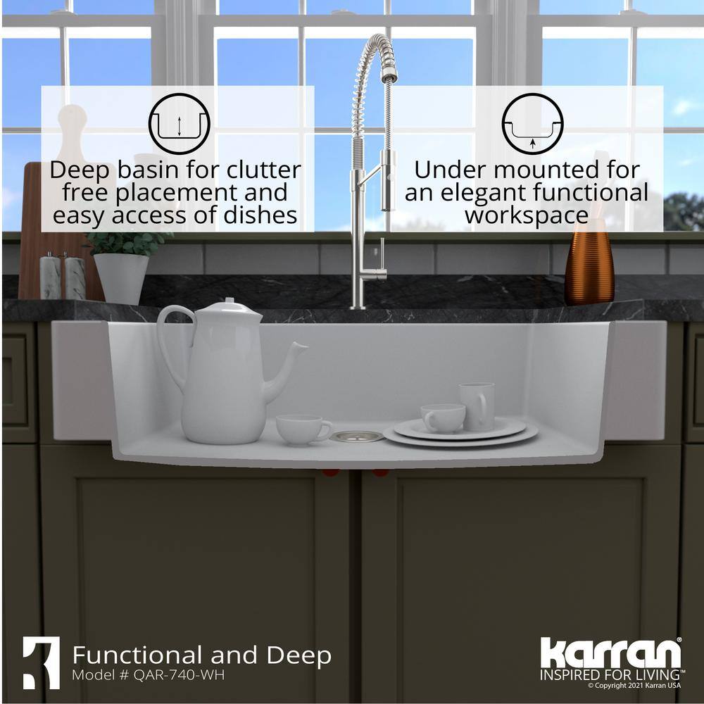 Karran QAR-740 QuartzGranite 34 in. Single Bowl Retrofit FarmhouseApron Front Kitchen Sink in White with Grid and Strainer QAR-740-WH-PK1