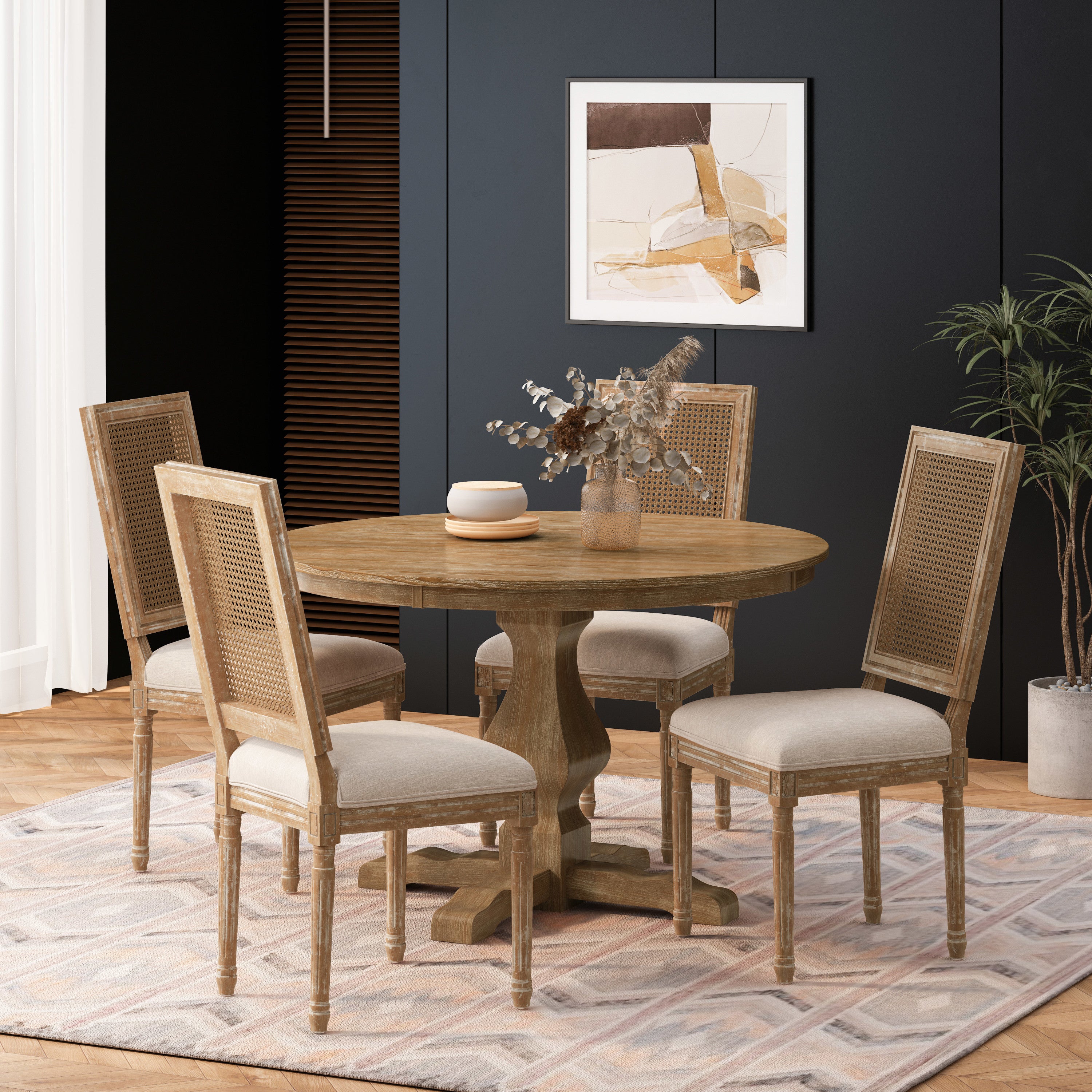 Merlene French Country Fabric Upholstered Wood and Cane 5 Piece Circular Dining Set