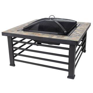 Pleasant Hearth Cascade Slate Top 34 in. Wx22.5 in. H Square Steel Wood Black Fire Pit OFW732S