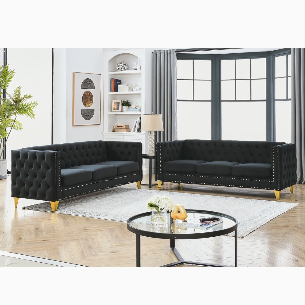 Black Classic Velvet Chesterfield Sofa Set (Solid Wood Frame   3 Seater * 2)