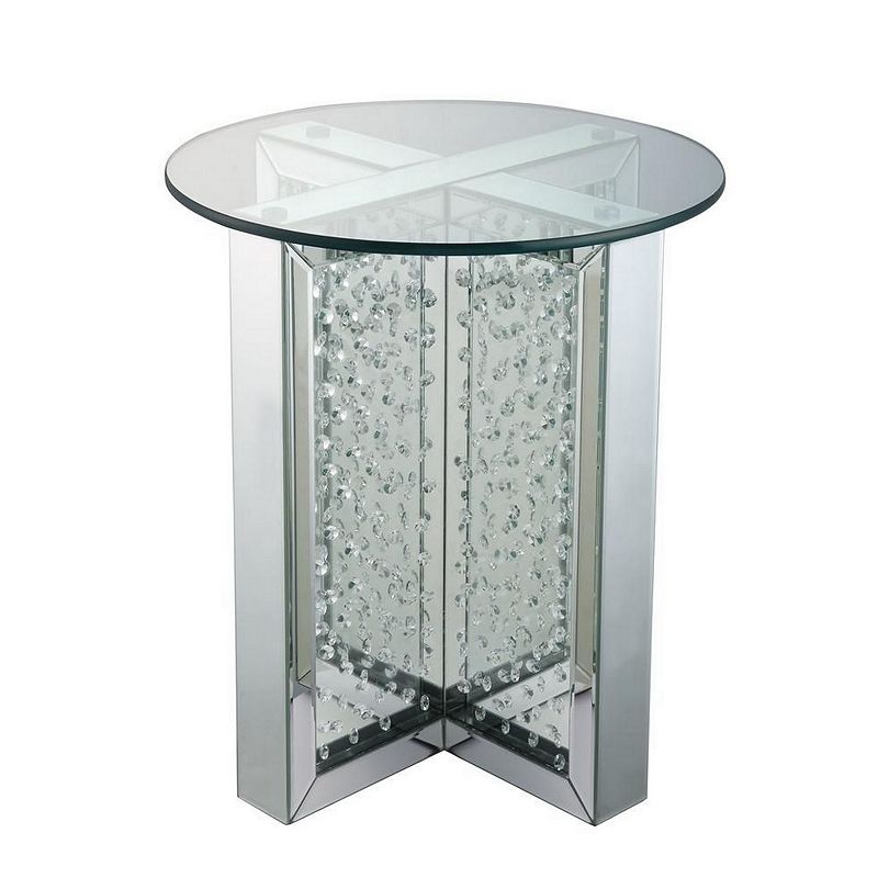 Round Mirrored Metal End Table with Glass Top and Crystal Accent Base， Silver