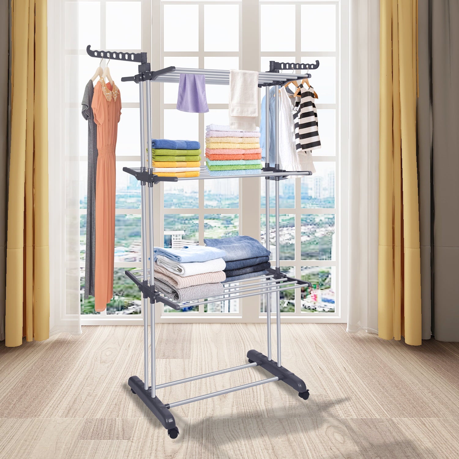 Bigzzia Foldable Clothes Laundry Rack 3 Tier Clothes Drying Rack with Stainless Steel Hanging Rods, Drying Rck for ClothesGray