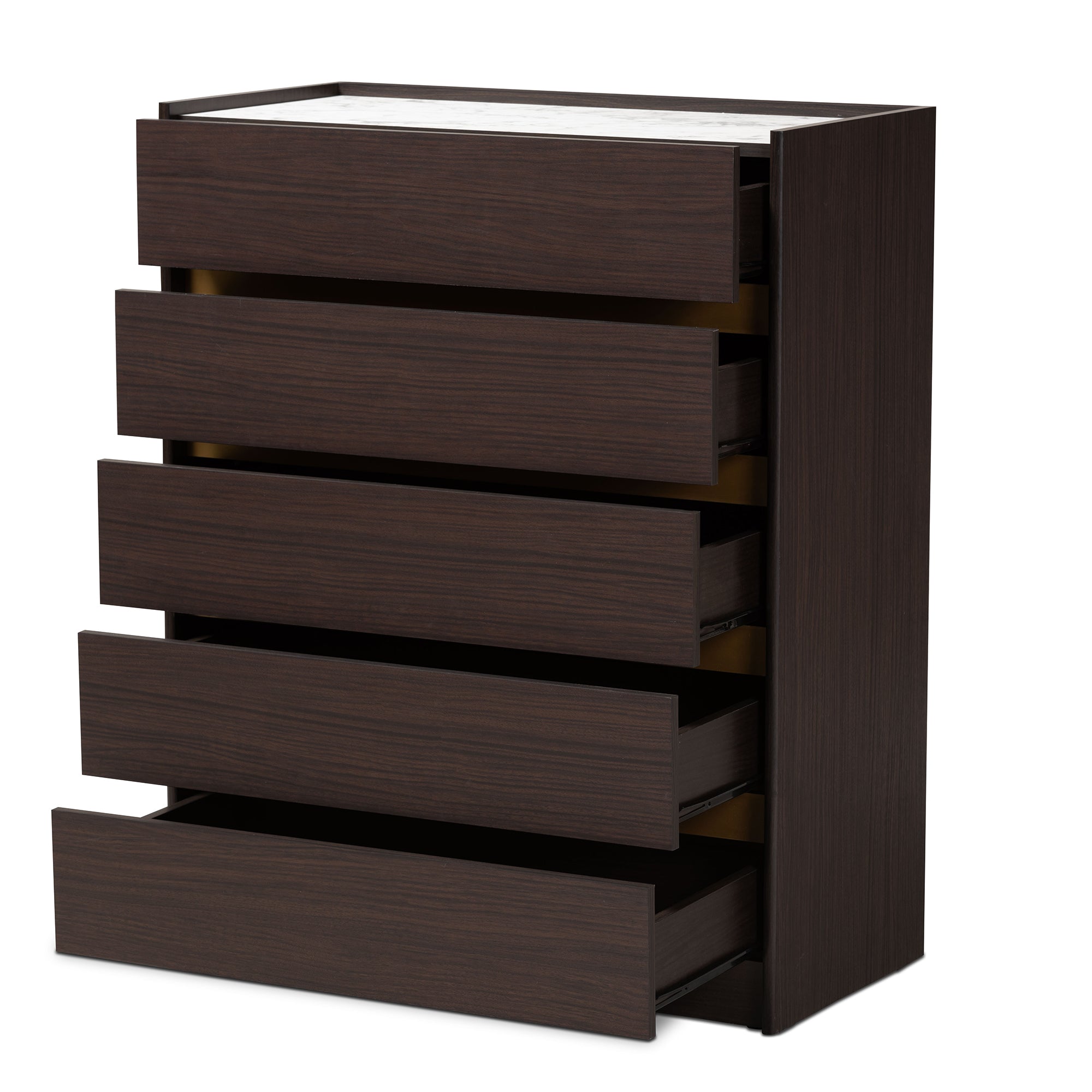 Baxton Studio Walker Modern and Contemporary Dark Brown and Gold Finished Wood 5-Drawer Chest with Faux Marble Top