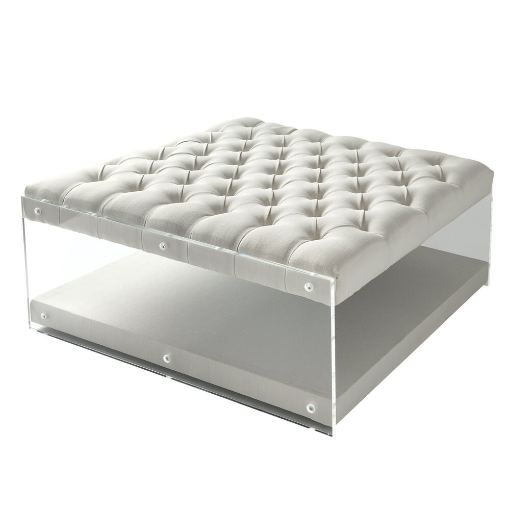 Sophia Contemporary Oversized Linen Clear Acrylic Sides Ottoman