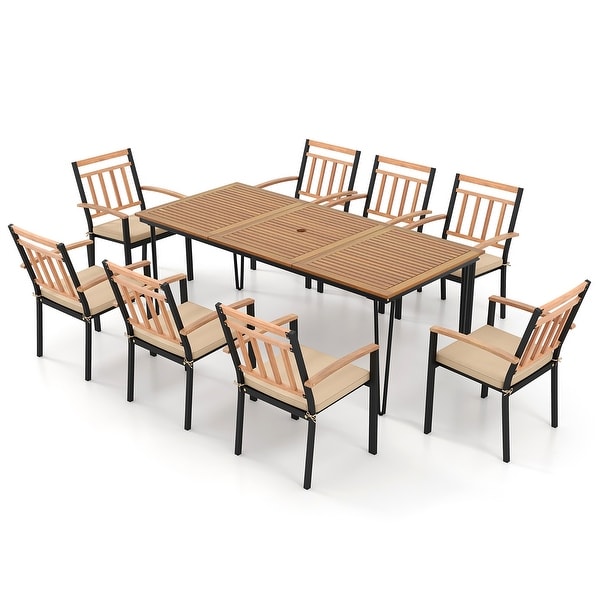 Gymax 9 PCS Patio Dining Set w/ Rectangular Acacia Wood Dining Table 8