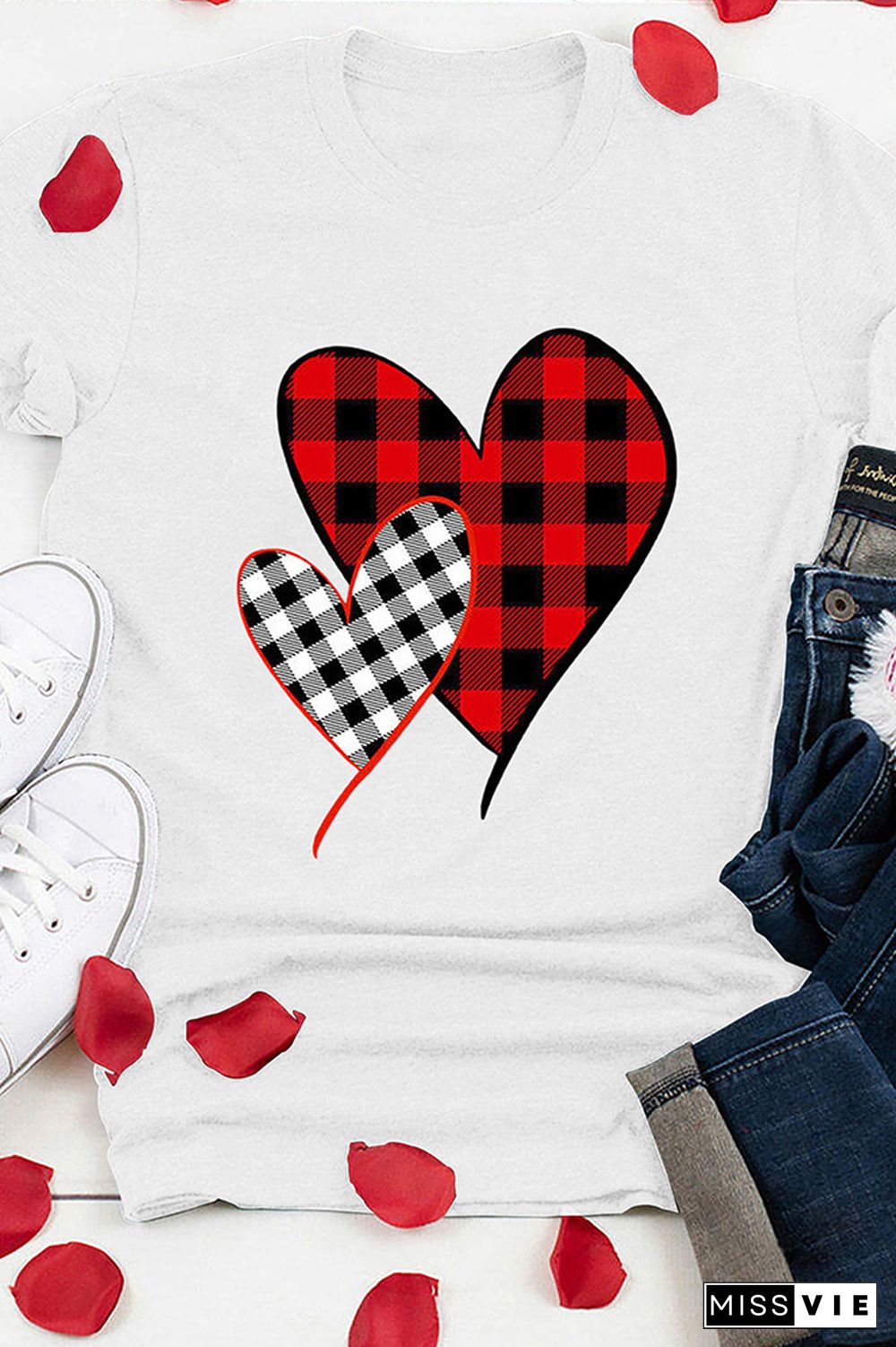 Valentine's Day Plaid Heart Print Short Sleeve Graphic Tee Wholesale