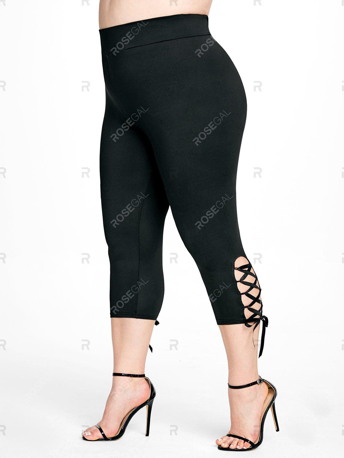 Lace Panel Two Tone Tank Top with Lace-up and Lace Up High Waisted Leggings Plus Size Outfit