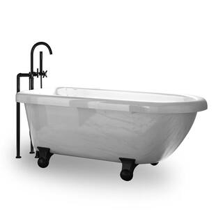 PELHAM  WHITE Highview 54 in. Acrylic Clawfoot Bathtub in White Cannonball Feet Floor-Mount Faucet Drain in Matte Black PW9562017X-MB